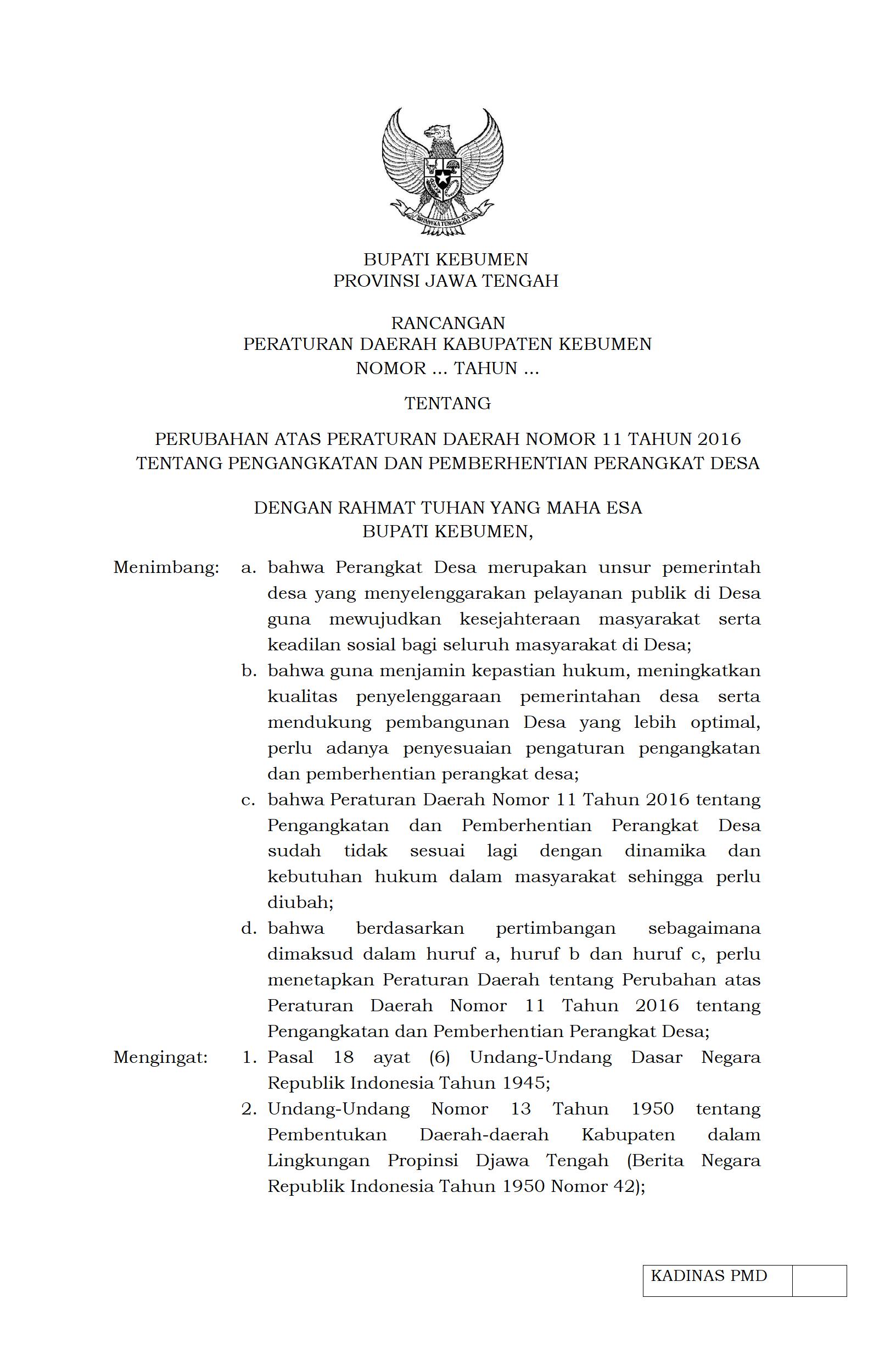 Raperda tentang Perubahan Kedua atas Peraturan Daerah Nomor  10 Tahun 2016 tentang Pemilihan Pengangkatan dan Pemberhentian Kepala Desa